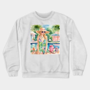 Girl in sunglasses at the swimming pool Crewneck Sweatshirt